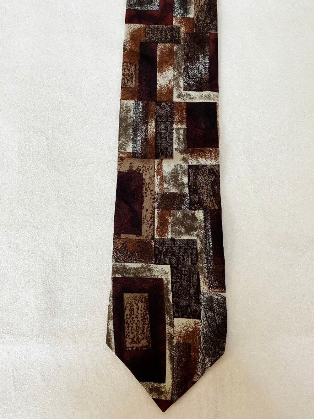 Hunting Horn Neck Tie J Riggings Geometric 100% Silk Rust Brown Grey Blocks USA